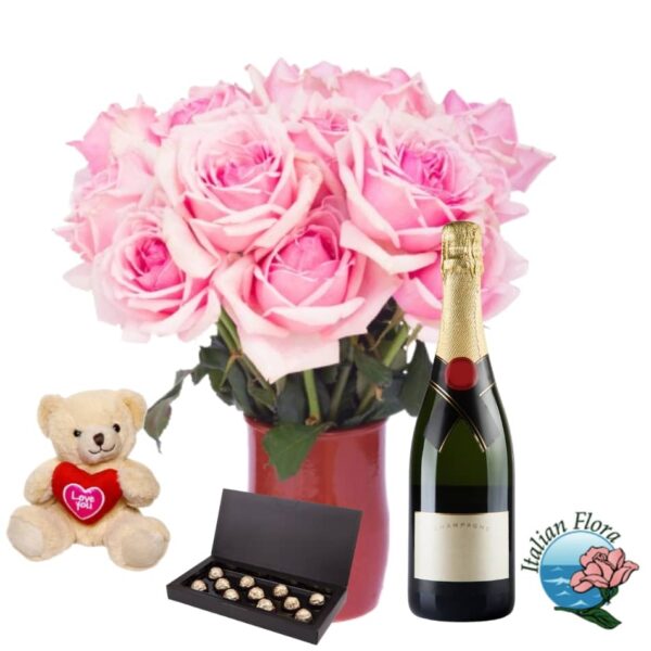 Bouquet of pink roses with chocolates, teddy and red wine